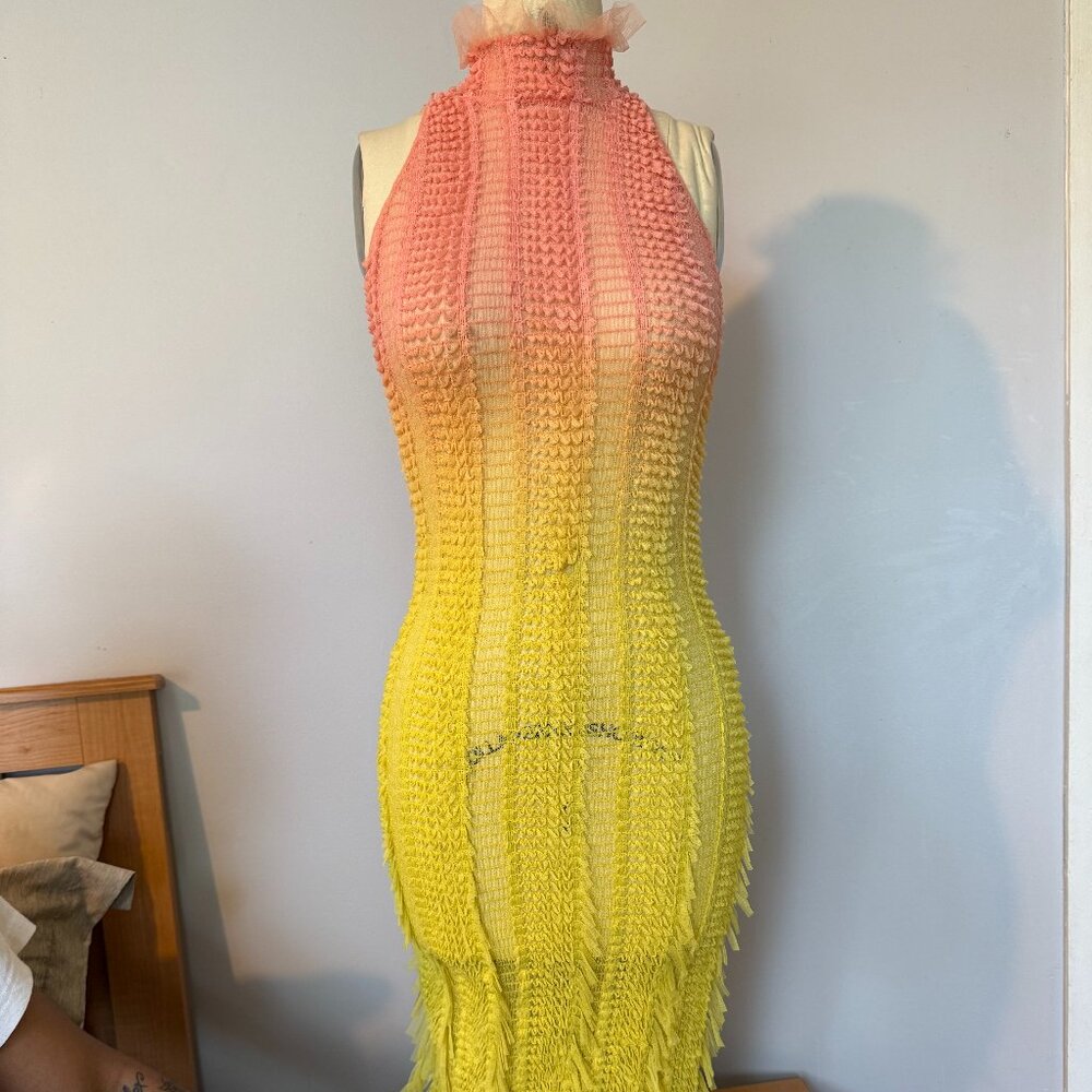 ROBERTA EINER Angel Midi Fringe Dress Sunrise Size XS/S  Yellow Pink Ombre